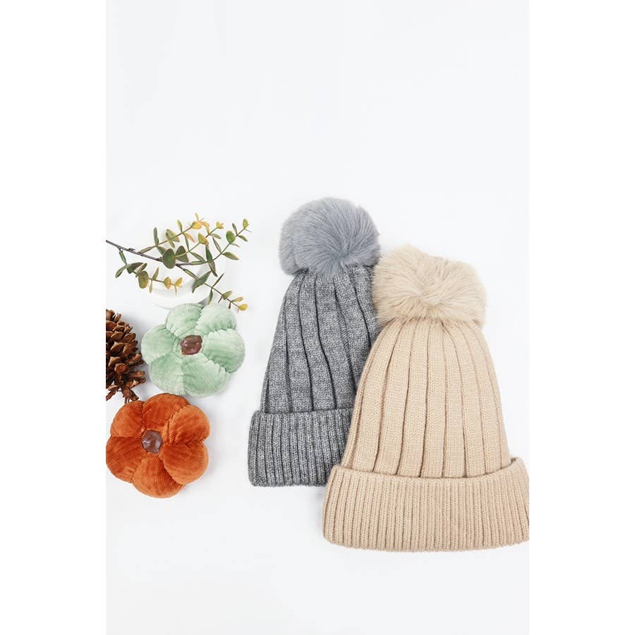 Solid Ribbed Knit Warm Fluffy Pom Beanies: MIX COLOR / ONE