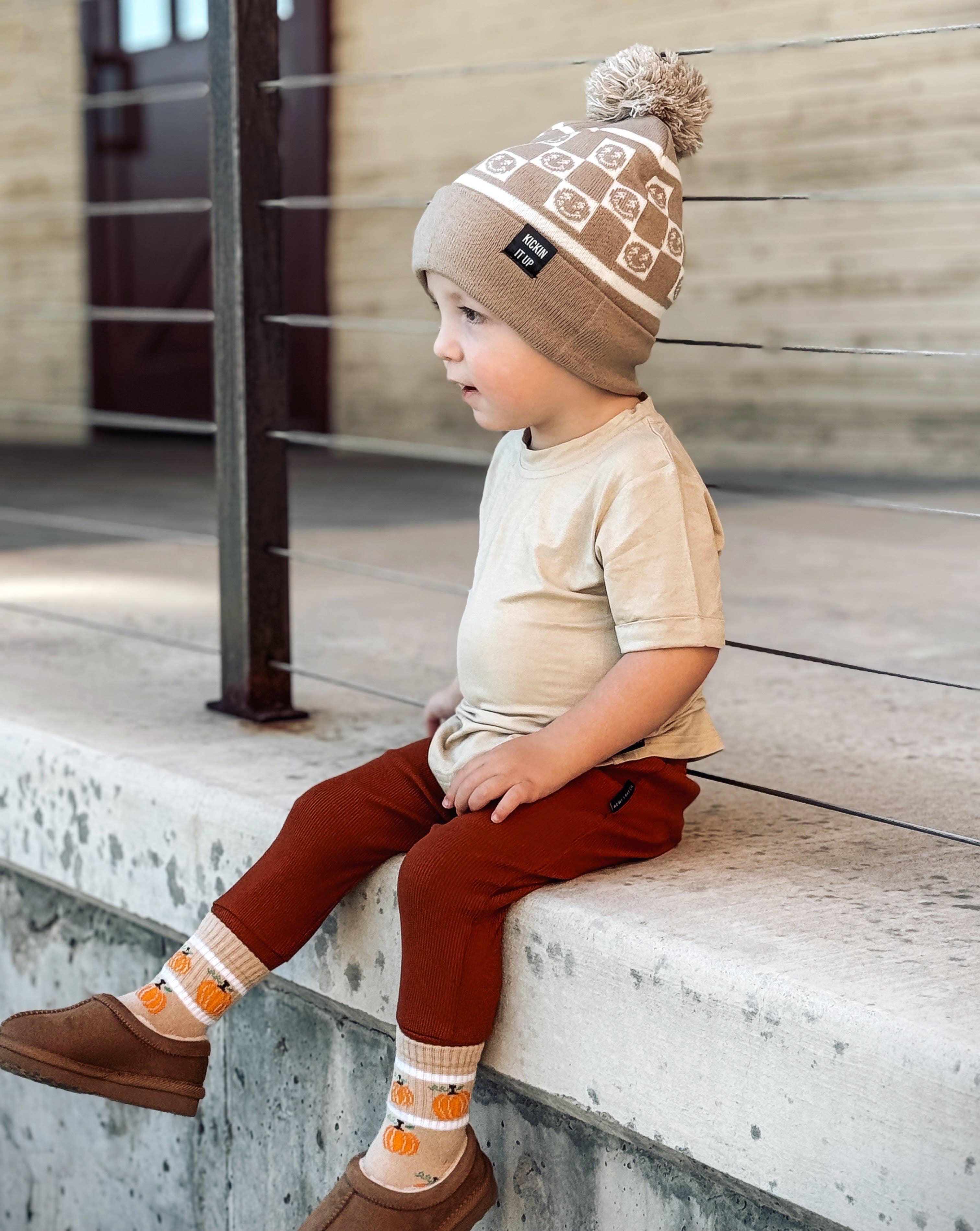 Tan Smiley Check Beanie: Infant 4 Months-18 Months