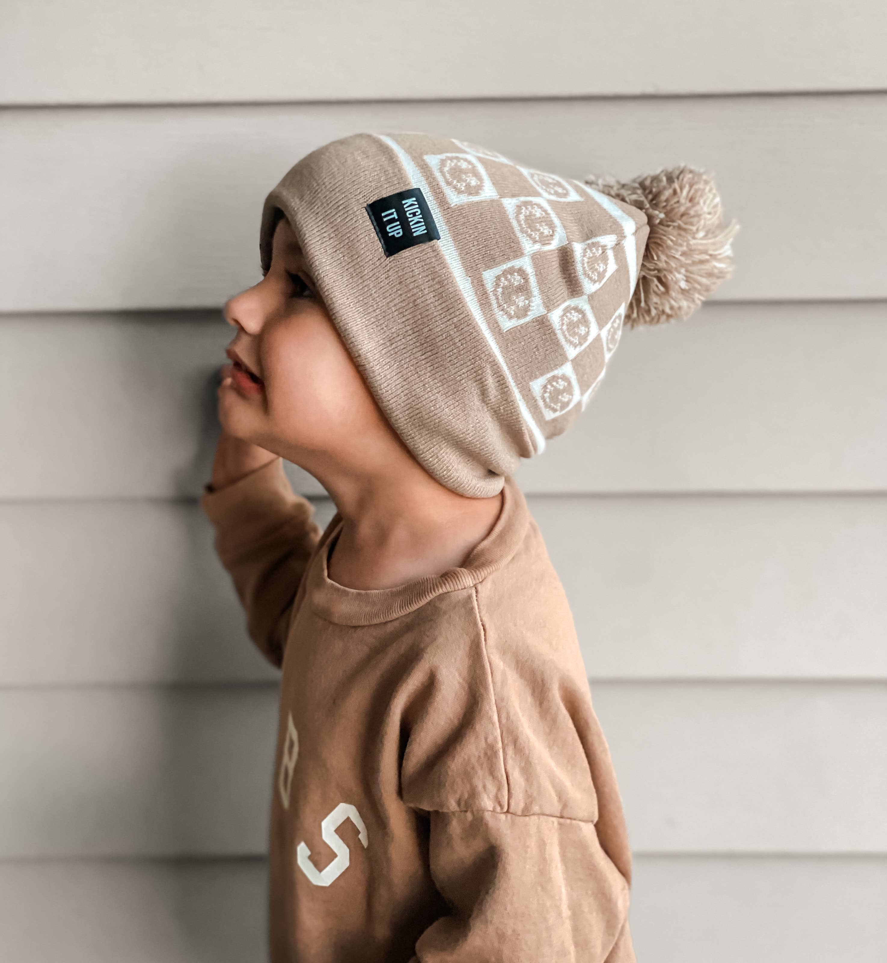 Tan Smiley Check Beanie: Youth/Small Adult- 5 Years and Up
