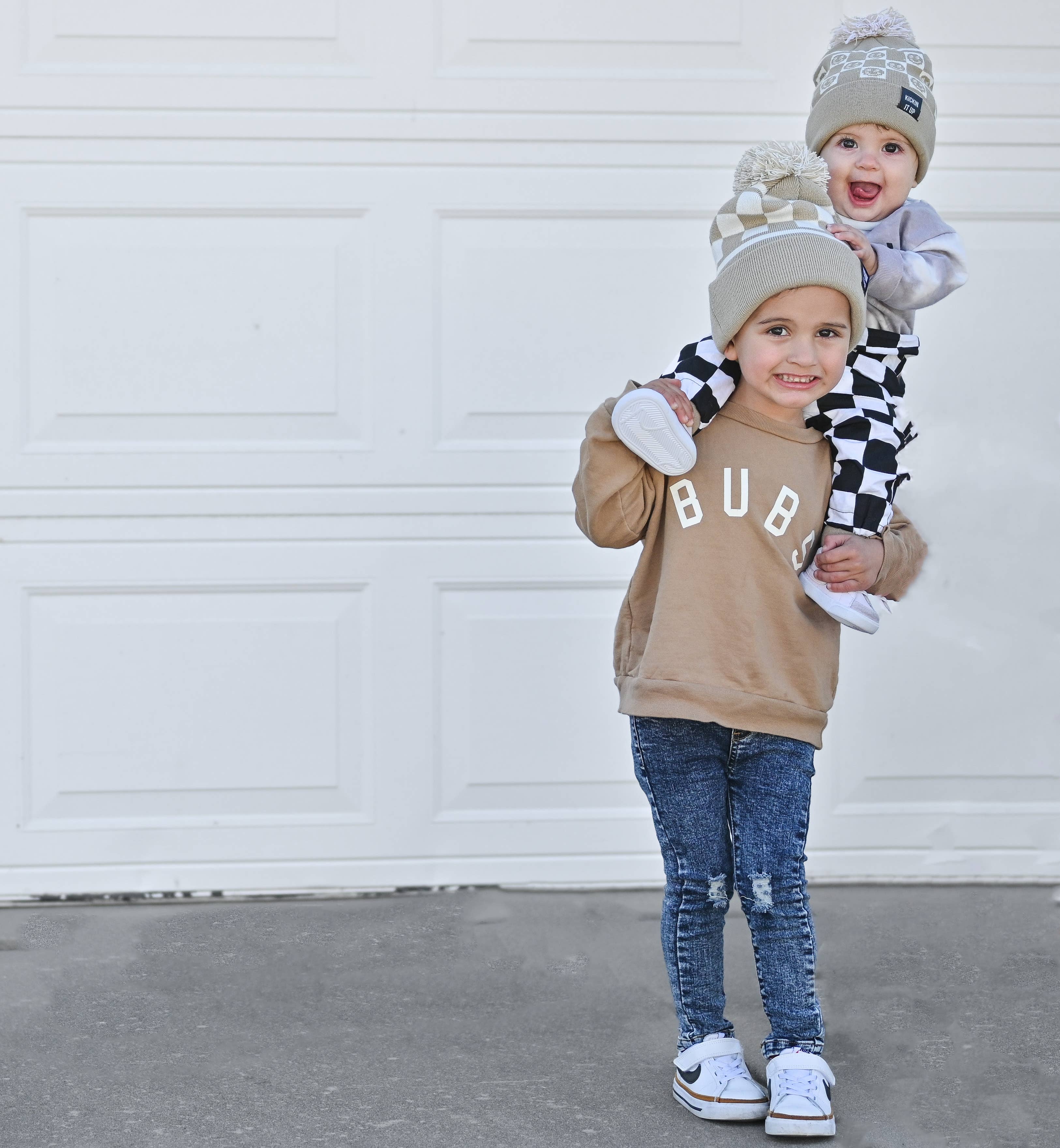Tan Smiley Check Beanie: Toddler 18 Months-4.5 Years Old