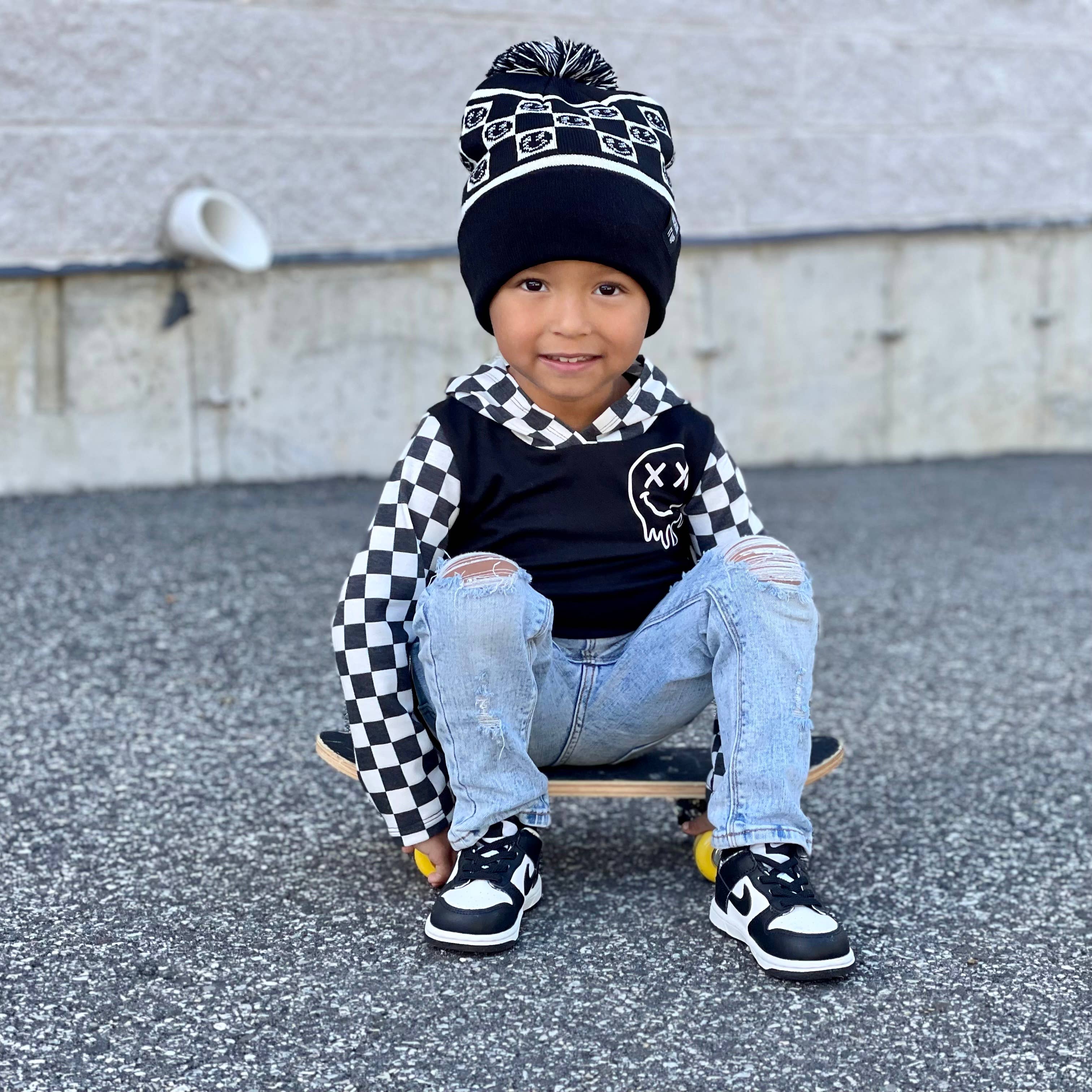 Black Smiley Check Beanie: Youth/Small Adult- 5 Years and Up