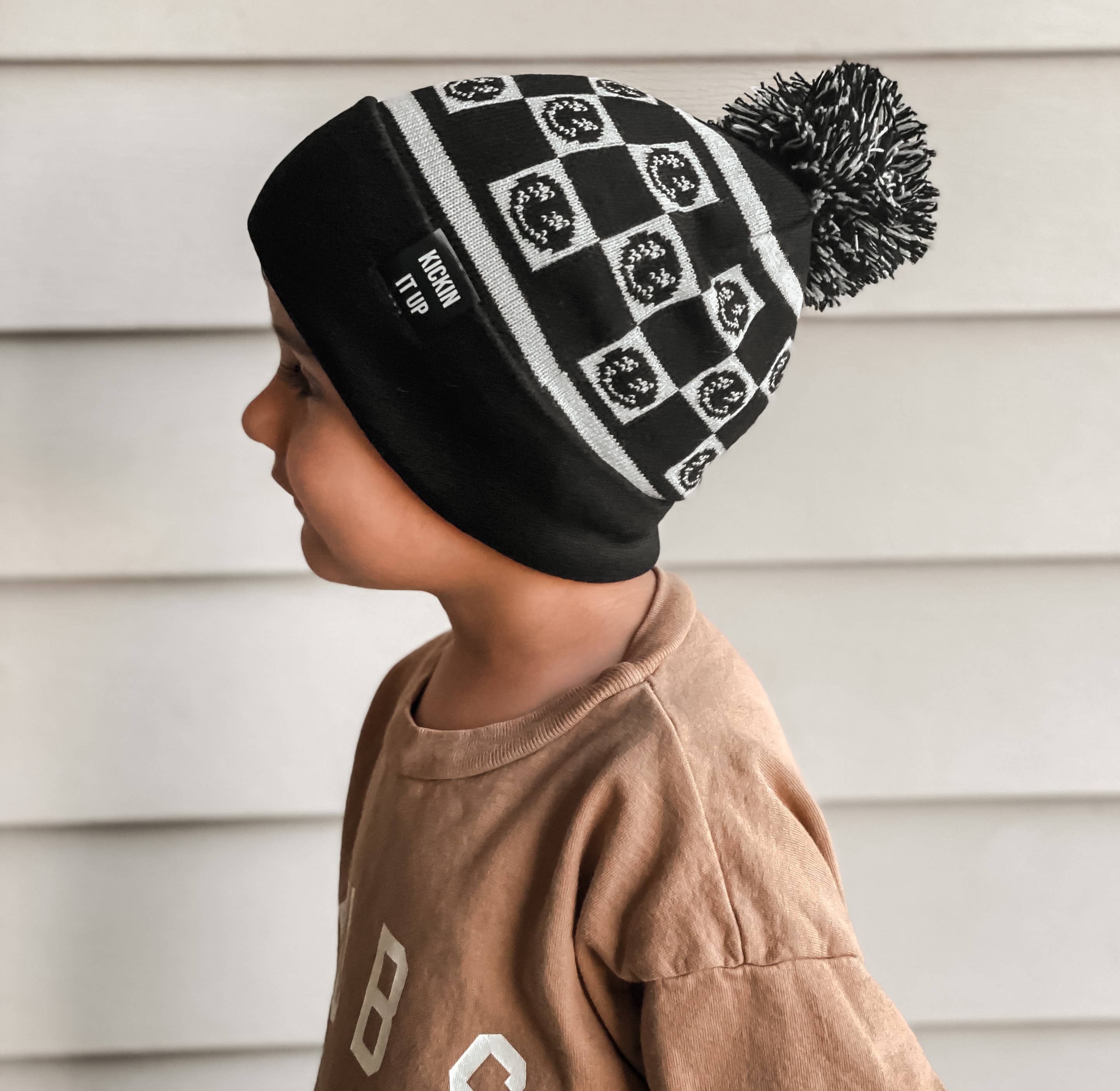 Black Smiley Check Beanie: Toddler 18 Months-4.5 Years Old