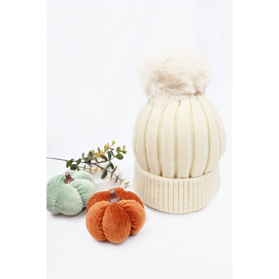 Solid Ribbed Knit Warm Fluffy Pom Beanies: MIX COLOR / ONE