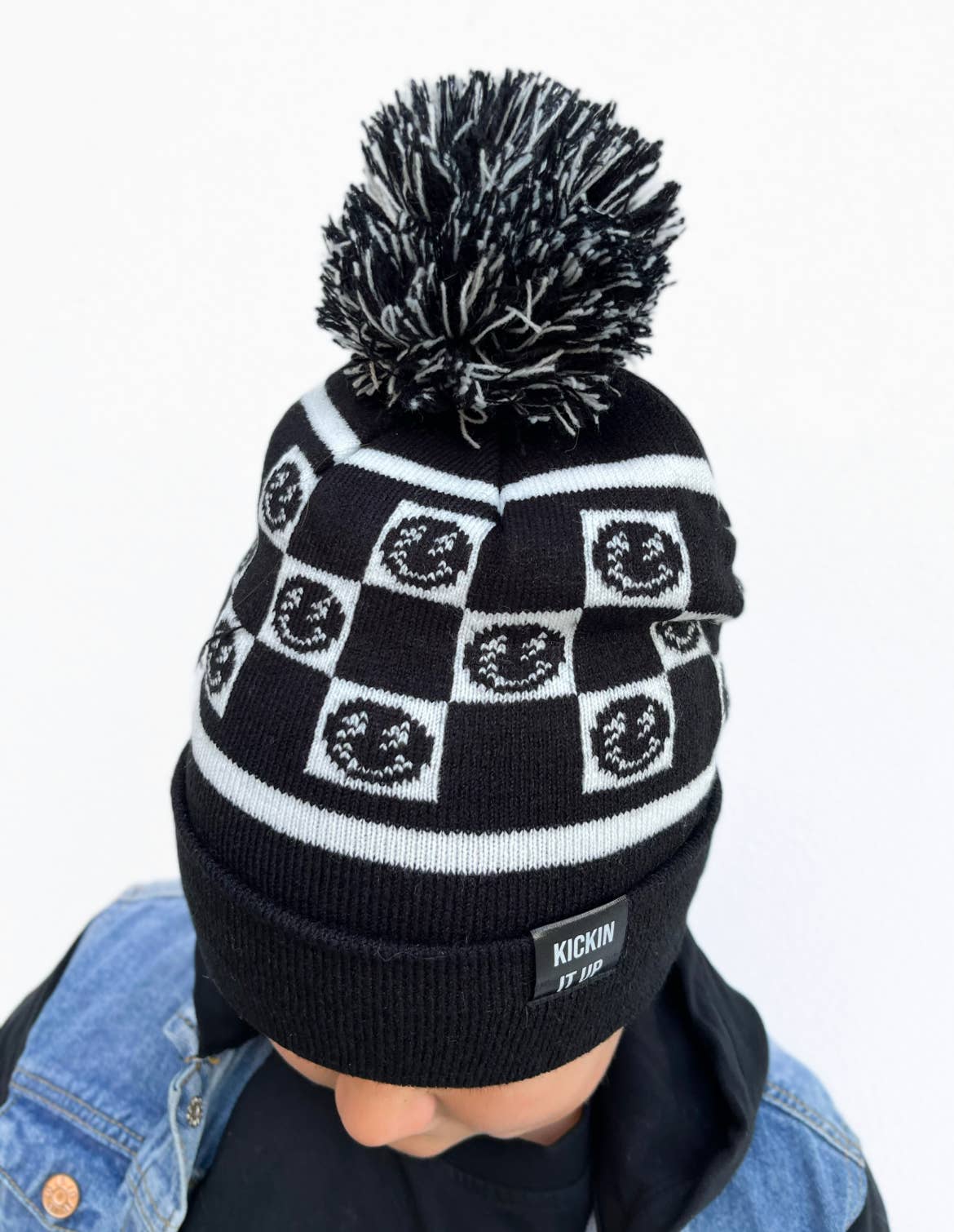 Black Smiley Check Beanie: Toddler 18 Months-4.5 Years Old