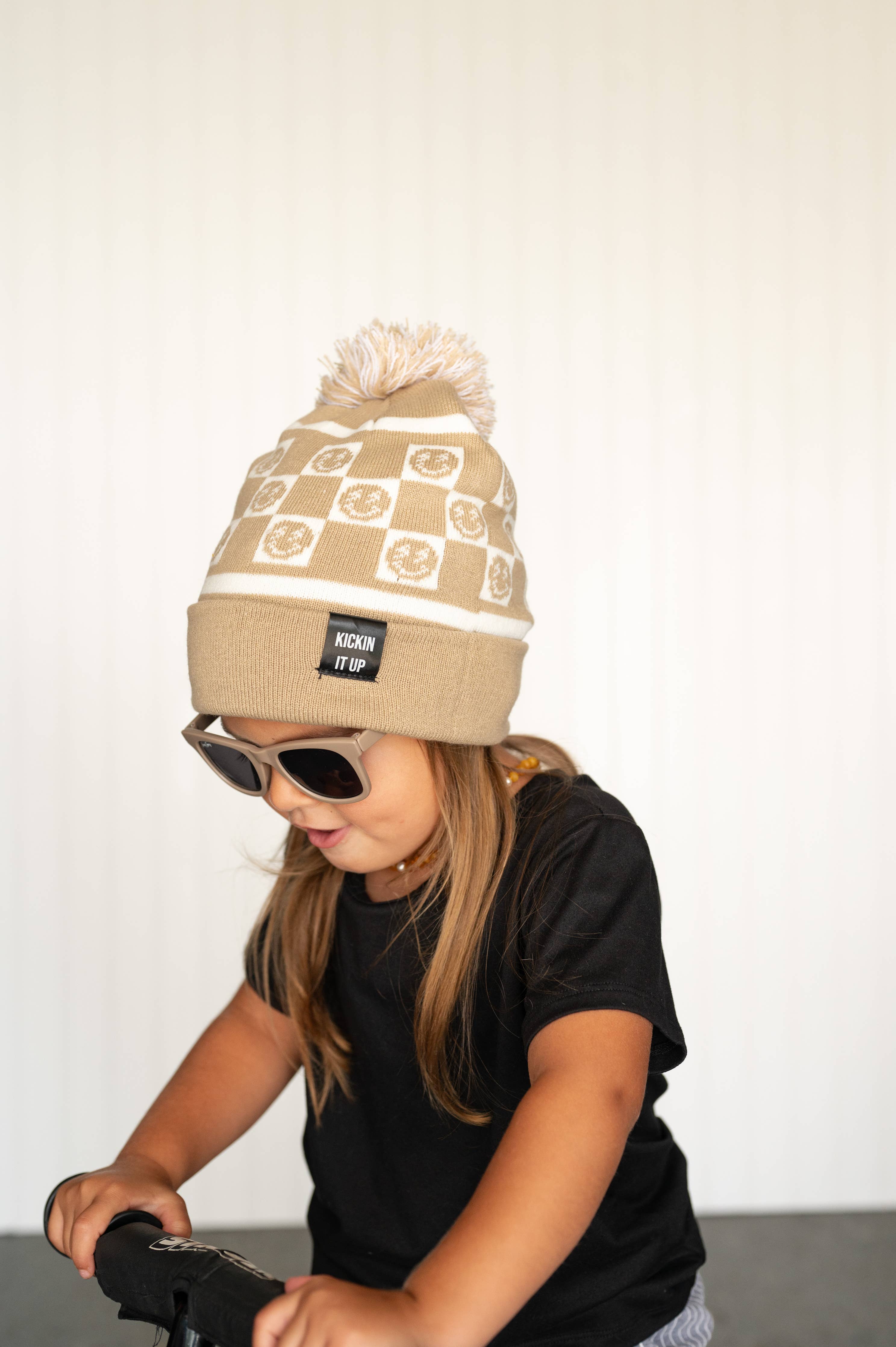Tan Smiley Check Beanie: Toddler 18 Months-4.5 Years Old